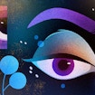 A digital illustration containing two stylized right-facing eyes, daisy-like flowers and leaves set against a dark background and overlaid with gold speckles. Smaller stylized flowers as well as spots are also scattered about the image. One eye's appearance is cut off by a square frame and the other is visible with its own eyebrow and prominent 