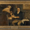 An oil painting of Dr. Edward Jenner giving one of the earliest forms of vaccine to a young boy as a woman assists him. The setting in the painting is an antiquarian room with various pictures on the wall towards the right of the canvas and a wooden cabinet of objects towards the left side. Dr. Jenner is a man with brown hair, a white ascot, black suit, and khaki-colored slacks, and is also sitting on a chair next to a wooden table holding a sheet of cloth, two rectangular cards, a glass bottle with a label on it, and a glass jar-shaped container. He administers the vaccine in the form of a needle-like object to the young boy with his left hand and holds the boy's lower right arm with his right. The boy wears black pants and a white shirt with one sleeve pulled back to expose his right arm for the vaccination, an action of which he watches.The woman in the scene wears a black dress with a white apron, a white drapery over her shoulders, and a lacy white coif. The woman is looking down towards and is holding the boy by the base of his exposed right arm as Jenner pricks it with the needle. The painting itself is framed within an ornate gold frame and has a dull gold plaque with black text reading, 