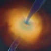3D rendering of a rapidly spinning black hole's accretion disk and a resulting black hole-powered jet