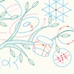 A digital illustration of stylized tree branches with multiple shapes and lines of different kinds floating about its branches. Some of the shapes include circles with dots intersecting with its edges, intersecting lines, and 3-D shapes with multiple lines and dots contained within them.