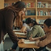Female teacher standing in front of class and helping one of the students