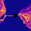 A digital illustration of a supermassive black hole with bright flares coming from either side of it.