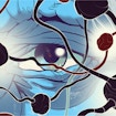 Digital illustration of blue aged eye with neurons over it