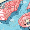 A digital illustration of three people working on laptops that connected to each other's devices with wires and placed on separate desks that, when put together, make a complete image of a human brain.