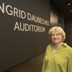 Ingrid Daubechies standing in front of Flatiron Institute auditorium