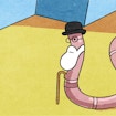 A digital illustration of an earthworm within a yellow room with blue walls. It has a black bowler hat, glasses, a white beard, and holds a walking cane despite not having visible arms. It appears to have a neutral expression and looks to the left side of the image.