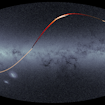 A model of the stars in the GD-1 stellar stream overlaid on data collected by the Gaia spacecraft. The color of each stat represents how strongly its orbit was affected by the unknown dark matter substructure of the galaxy. White represents a significant change from normal, while red represents almost no difference