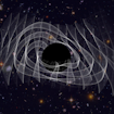 An illustration of a black hole. Surrounding the black hole are white lines representing gravitational waves.