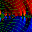 A simulation of the magnetic field lines, represented as lines colored in green, surrounding a black hole, represented as a large black circle to the left of the image, against a red and blue background. As the field lines break and reconnect, pockets of plasma form, as seen in the center of concentric green circles stacked within each other. The largest of these pockets is located on the right side of the image and is the furthest away from the black hole. These plasma pockets launch inward toward the black hole or outward into space, draining energy from the magnetic field.