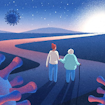Two people on a path with COVID molecules around them