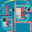 Digital illustration of faces and balances