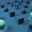 A digital illustration of 3-D models of spheres, cubes, cones, and donuts arranged in a grid.