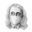 A black-and-white handrawn illustration of Dr. Anthony Fauci wearing a COVID-19 face mask. Fauci is looking towards a point towards our left and the mask is patterned with simplistic icons of an atom, a pathogen, a vaccine, beakers and test tubes.