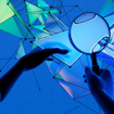 A digital illustration of disembodied hands interacting with or holding magnifying glasses to geometric structures.