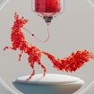 A digital illustration of a silhouette of a fox made up of red blood cells connected with a tube to a large container of blood.