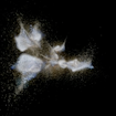 A screenshot of a video showing a computer simulation of two galaxies colliding as seen through a telescope.