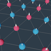 A digital illustration of multiple 3-D spheres connected to each other with diagonal and parallel lines. The spheres colored red have through them white arrows pointing upwards and the spheres colored blue have white arrows going through them that are pointing downwards.