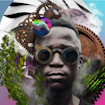 art piece showing man with googles in center